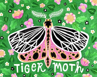 Tiger Moth Floral Art Print, Moth Butterfly Decor, Garden Decor, Insect Illustration, Green and Pink Nursery Decor, Science Teacher Gift