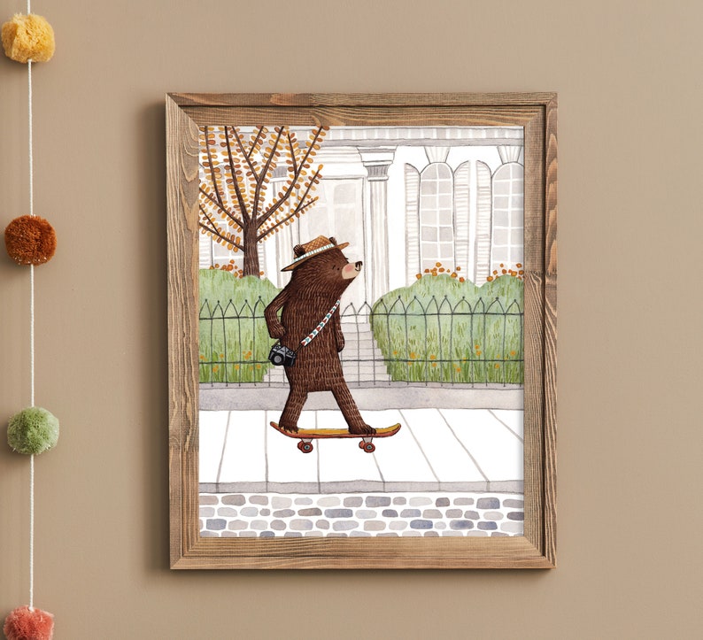 Skateboard Bear Art Print, Bear Cub Skateboarding Art, Skateboard Art, Woodland Animals Nursery Decor, Modern Nursery Art, Bear Decor image 5