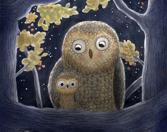 Mama and Baby Owl Art Print, Owl Illustration, Owl Watercolor Painting, Owl Nursery Decor, Woodland Animals Decor, Forest Kid's Room Art