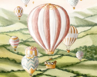 Hot Air Balloon Art Print, Pink and White Nursery, Woodland Animals Nursery, Forest Animals Decor, Pink and Green Nursery, Whimsical Animals