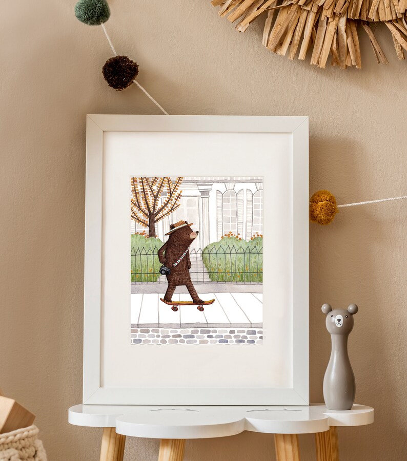 Skateboard Bear Art Print, Bear Cub Skateboarding Art, Skateboard Art, Woodland Animals Nursery Decor, Modern Nursery Art, Bear Decor image 2