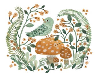 Bird with Mushrooms Art Print, Turquoise Bird Print, Toadstool Painting, Floral Bird Painting, Woodland Decor, Mushroom Art, Fern Painting