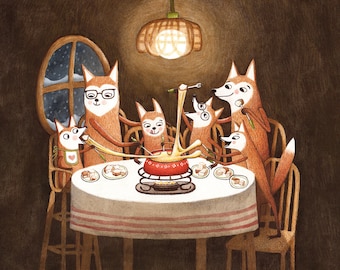 Fox Family Fondue Party Art Print, Woodland Animal Decor, Forest Animal Nursery Art, Fox Illustration, Fox Art, Fox Decor, Holiday Decor Art
