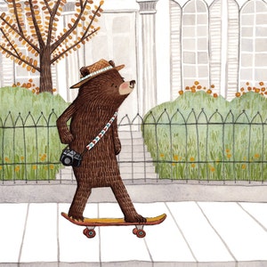 Skateboard Bear Art Print, Bear Cub Skateboarding Art, Skateboard Art, Woodland Animals Nursery Decor, Modern Nursery Art, Bear Decor