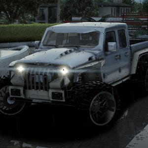 May include: A light gray, six-wheeled pickup truck with large off-road tires. The truck has a custom front grille, hood scoop, and bright headlights. The vehicle is parked on a wet surface, reflecting the surrounding environment.