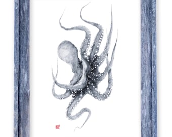 Impression Gyotaku de pieuvre de natation encadrée