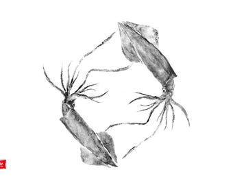 Paire de calmars imprimé gyotaku