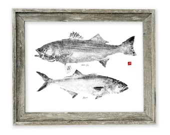 Impression gyotaku noir et blanc de bar rayé et de poisson bleu encadré