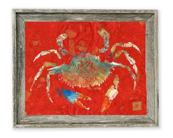 Impression gyotaku crabe rouge encadrée