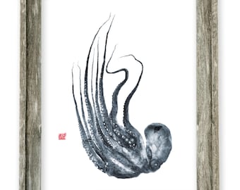 Impression Gyotaku de pieuvre de plongée encadrée