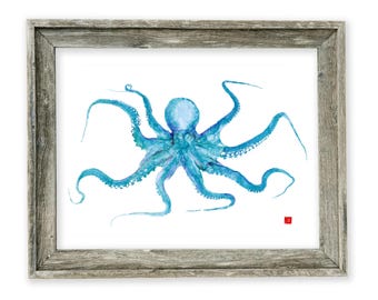 Framed Blue Teal Octopus Gyotaku Print