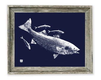 Cadre bar rayé blanc sur bleu avec impression gyotaku maquereau