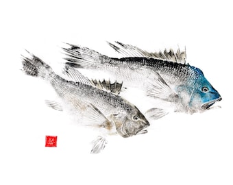 Paire de loups de mer noir Impression Gyotaku