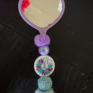 Hand Held Mini Heart Shaped Mirror. Purple and Teal Ribbon