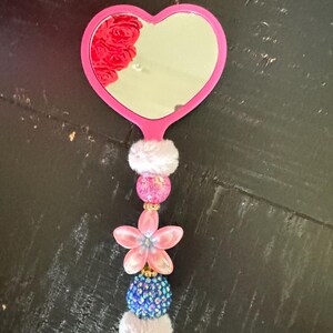Hand Held Mini Heart Shaped Mirror. Pink Flower