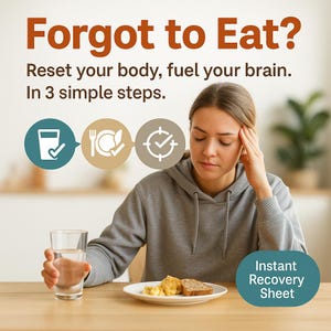 May include: A woman with a plate of food and a glass of water. The image includes the text "Forgot to Eat? Reset your body, fuel your brain. In 3 simple steps." A teal oval says "Instant Recovery Sheet."