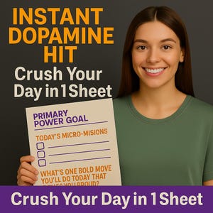 May include: A woman smiles, holding a beige sheet with the text "PRIMARY POWER GOAL" and "TODAY'S MICRO-MISIONS". The sheet also has the text "WHAT'S ONE BOLD MOVE YOU'LL DO TODAY THAT YOU'LL PROUD?". The background has the text "INSTANT DOPAMINE HIT" and "Crush Your Day in 1 Sheet".