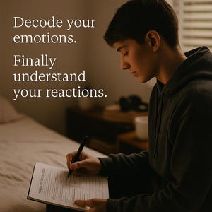 May include: A person writing on a form with a pen. The image includes the text "Decode your emotions. Finally understand your reactions."