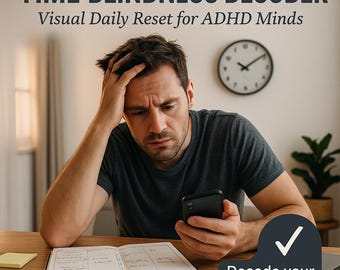 Pode incluir: Imagem que promove um "Time Blindness Decoder" para mentes com TDAH. Um homem parece preocupado enquanto segura um telefone e está sentado em uma mesa com um planejador. O texto diz "Decodifique seu dia em 5 minutos."