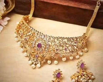 Indian Kundan Choker Necklace Set Gold Plated Bridal Jewelry