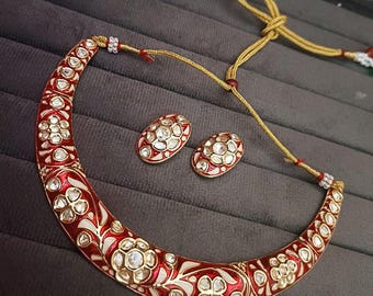 Handmade Meenakari Kundan Hasli Necklace & Earrings: Rajwada Jewelry