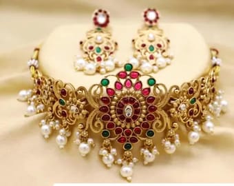 Set di gioielli da sposa indiani, collana girocollo Kundan placcata in oro tradizionale con orecchini Jhumka