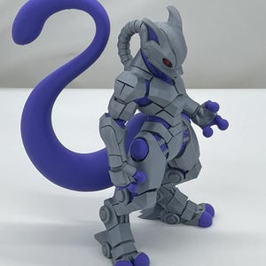 May include: A gray and purple articulated action figure featuring a robotic, armored aesthetic with a long, curved purple tail, pointed ears, and red eyes. The figure has segmented plating on its limbs and torso, with purple accents on the hands and feet.