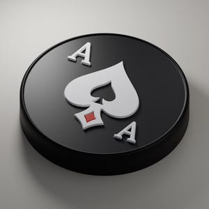 May include: A circular black poker chip featuring a white spade symbol in the center, flanked by the letter A on the top left and bottom right. The spade icon includes a small red diamond shape at its base, creating a high-contrast design.