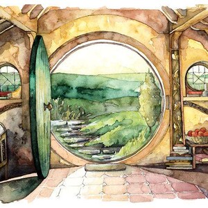 May include: Watercolor painting of a hobbit hole interior with a round doorway and window. The open green door reveals a lush green landscape. A small table holds a basket of red fruit. Books and a small window are visible.