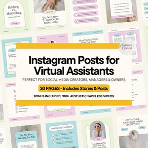 Op de afbeelding: Een verzameling Instagram-posttemplates voor virtuele assistenten. Het ontwerp bevat pastelkleuren, tekst en afbeeldingen. De tekst bevat "Instagram Posts for Virtual Assistants" en "30 Pages - Includes Stories & Posts".