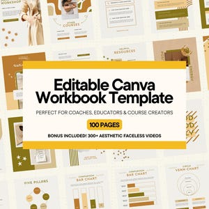 May include: An editable Canva workbook template with a yellow banner, ideal for coaches, educators, and course creators. The template includes 100 pages and over 300 aesthetic faceless videos. The design features a neutral colour palette with various charts and diagrams.