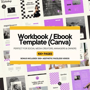 May include: A digital workbook/ebook template for Canva, with a yellow banner and the text "Workbook / Ebook Template (Canva)". The template is designed for social media creators and includes over 100 pages and 300+ aesthetic faceless videos.