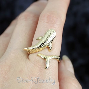 Whale Shark Ring in Sterling Silver Gold Plated Wrap Ring Size Adjustable 5 to 10 ocean Beach Marine Sealife Scuba diver Wedding gift