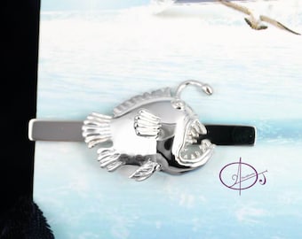 Angler fish Tie Clip in Solid 925 Sterling Silver Rhodium Plated Suit and tie accessories Tie bar Men Stylish jewelry cool gift