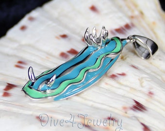 Sea Slug Necklace  Nudibranch Pendant  Sterling Silver Enamel Nudi Worm Necklace