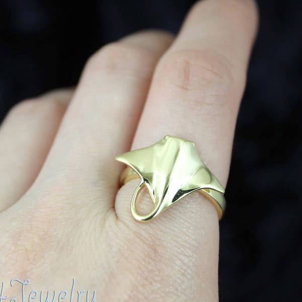 Manta Ray Ring Gold Plated Solid 925 Sterling Silver open band ring Size Adjustable Ocean Beach Sting ray Scuba Diver jewelry