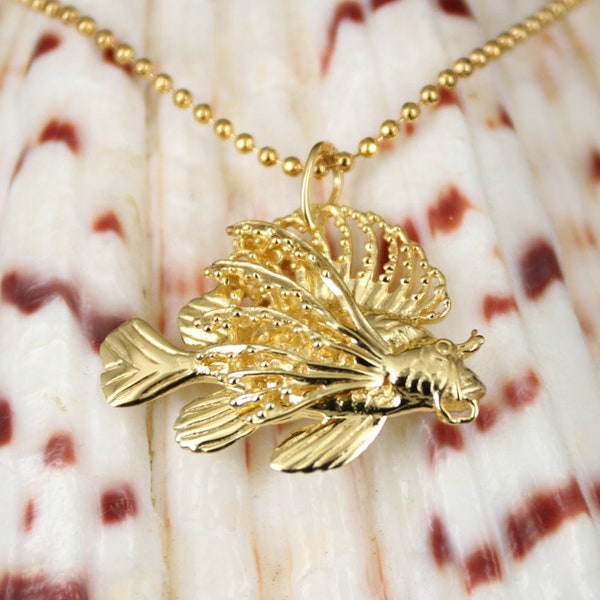 Lionfish Pendant Gold Plated Solid Sterling Silver 3D Lion Fish Pendant Necklace Sealife Marine Beach Scuba diving diver gift