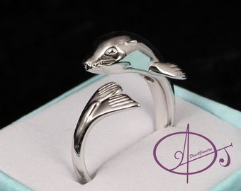 Sea Lion Ring Solid 925 Sterling Silver Rhodium plated Size Adjustable wrap ring Sealion jewelry Ocean lover Scuba Diver ring