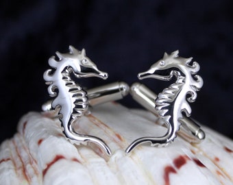 3D Seahorse Cufflinks in Solid 925 Sterling Silver Rhodium plated Stylish ocean Marine beach party wedding Nautical cufflinks jewelry