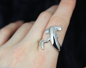 Hammerhead Shark Wrap Ring in Sterling Silver Size Adjustable Ocean sealife Marine Scuba diver ring