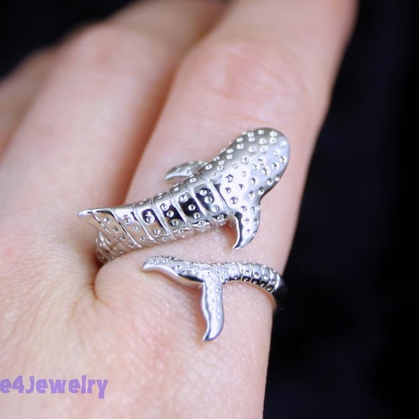 Whale Shark Ring in Sterling Silver Wrap Ring Size Adjustable 5 to 11 Beach party marine Ocean fish Sealife Scuba diver wedding gift