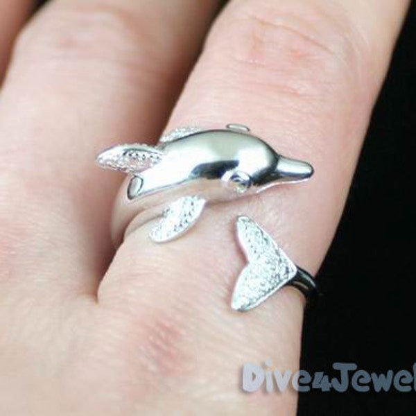 Dolphin Ring Solid 925 Sterling Silver Rhodium Wrap Ring Size Adjustable Ocean Beach Party Jewelry Dolphin lover Scuba Diver ring