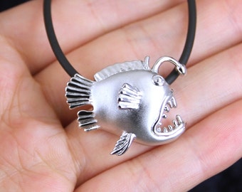 Angler Fish Necklace Sterling Silver Satin Matte Fish Pendant Deep Sea scuba diver jewelry ocean lover gift