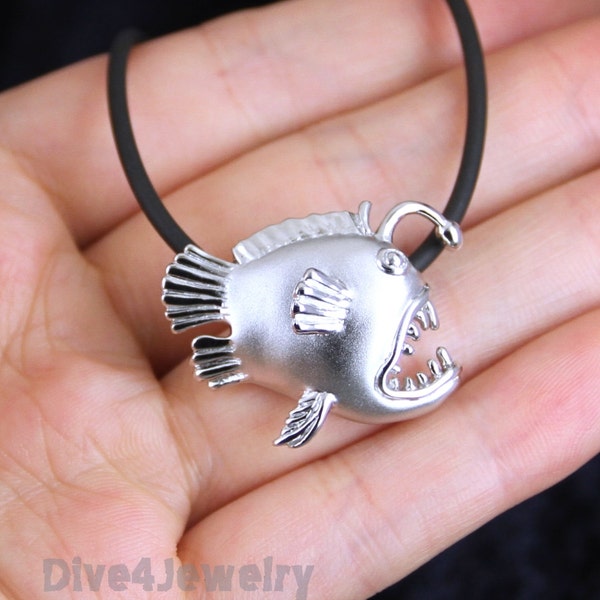 Angler Fish Necklace Sterling Silver Satin Matte Fish Pendant Deep Sea scuba diver jewelry ocean lover gift