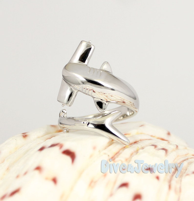 Hammerhead Shark Ring Sterling Silver Shark ring Size Adjustable Stylish Scuba Diver wrap ring summer ocean Beach Sealife nautical gift image 5