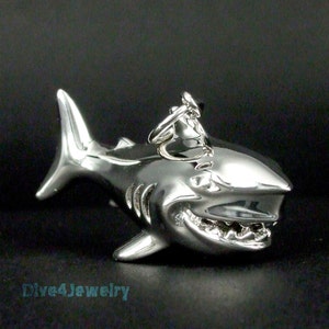 Great White Shark Sterling Silver 3D Bruce Shark Pendant with Black Neoprene Cord Necklace ocean beach boy gift
