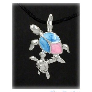 Sea Turtle Necklace Mother and Baby Necklace Sterling Silver Sky Blue and Sweet Pink sweet turtles Pendant Necklace image 1