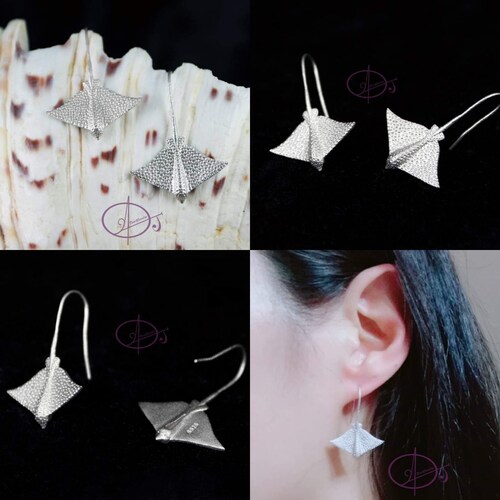 Spotted Eagle Ray Earrings Solid 925 Sterling Silver Satin Hook Earrings Ocean Marine Sealife Beach wedding party Scuba diver jewelry