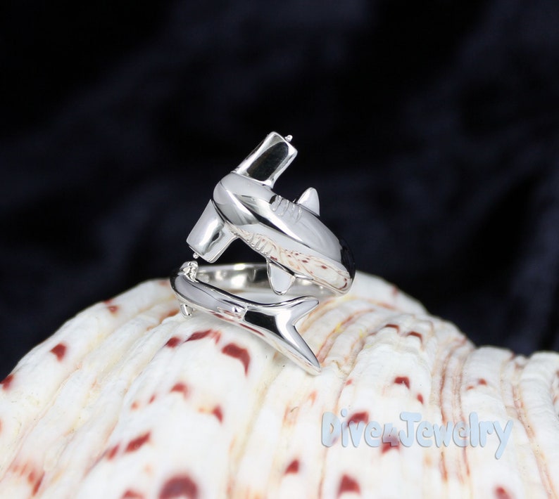 Hammerhead Shark Ring Sterling Silver Shark ring Size Adjustable Stylish Scuba Diver wrap ring summer ocean Beach Sealife nautical gift image 2