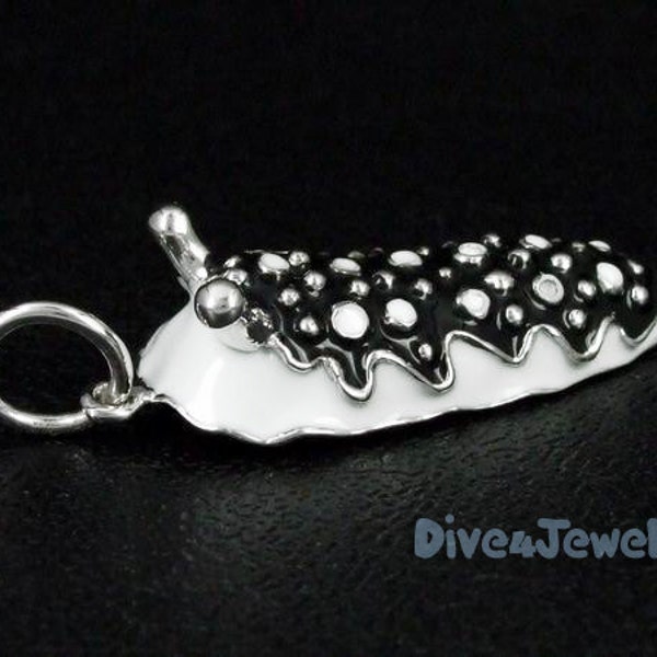 Sea Slug pendant Nudibranch Necklace  Black and White Enamal Solid 925 Sterling Silver Nudi Pendant Necklace